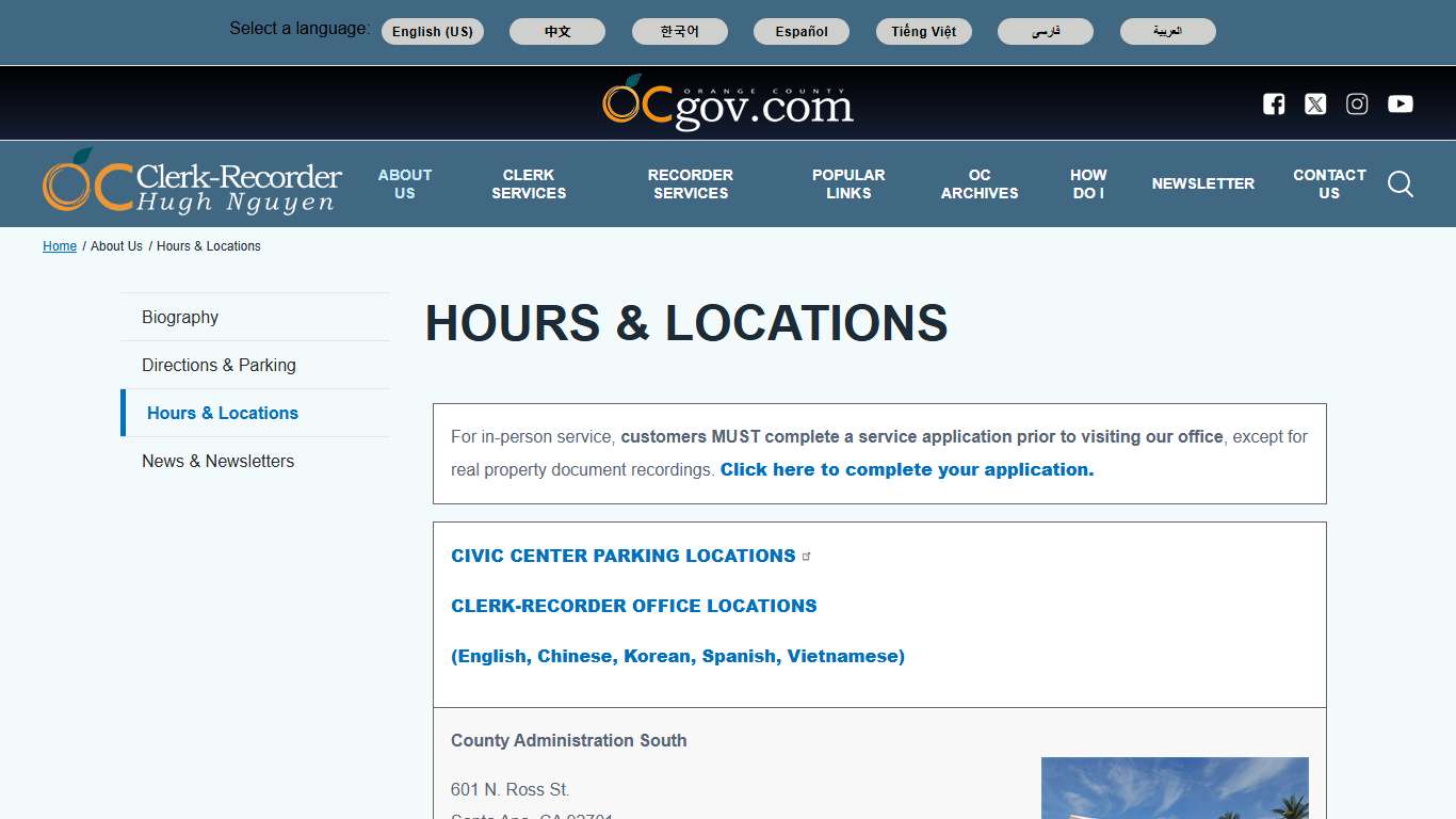 Hours & Locations | OC Clerk Recorder Department
